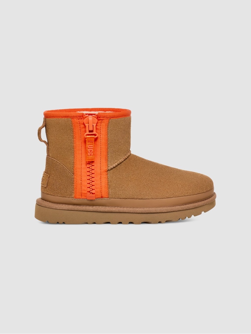 UGG Chestnut Mini Boot with Bright Orange Zip Tape Logo
